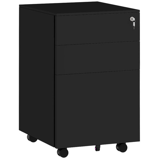 Vinsetto 3-Drawer Vertical Filing Cabinet with Pencil Tray, Lock and 5 Wheels, Steel Mobile File Cabinet, for A4, Legal and Letter Size, Pre-Assembled Body, Black