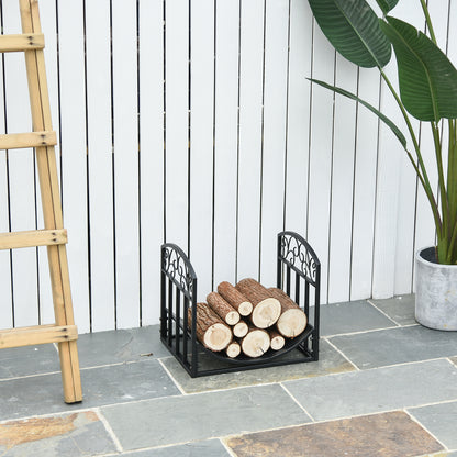 Outsunny Metal Firewood Log Holder Indoor Outdoor Firewood Rack Inner Arced Fireplace Wood Storage Shelf w/ Elegant Scrolls, Black, 45W x 35D x 40H cm