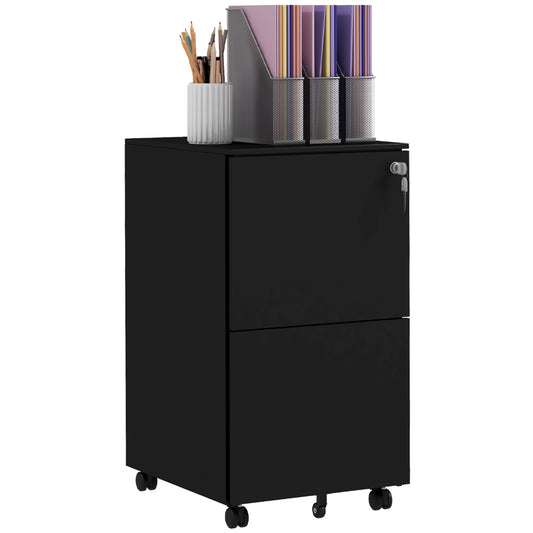 Vinsetto 2-Drawer Vertical Filing Cabinet with Lock and 5 Wheels, Steel Mobile File Cabinet, for A4, Legal and Letter Size, Pre-Assembled Body, Black