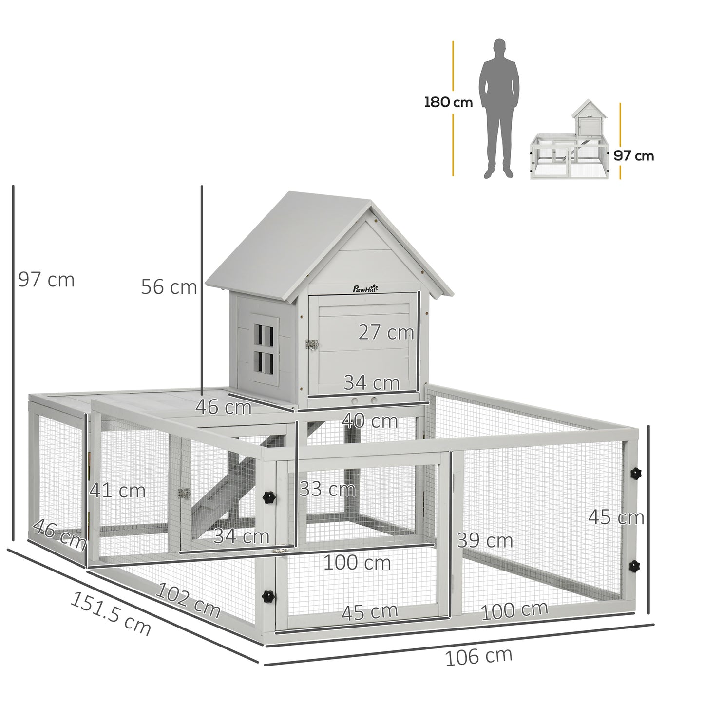 PawHut Indoor Rabbit Hutch, Guinea Pig Cage, with Slide-Out Tray, Large Fenced Area - Light Grey