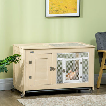 PawHut Rabbit Hutch, with Wheels, Removable Tray, Openable Roof, for 1-2 Rabbits - Oak Tone