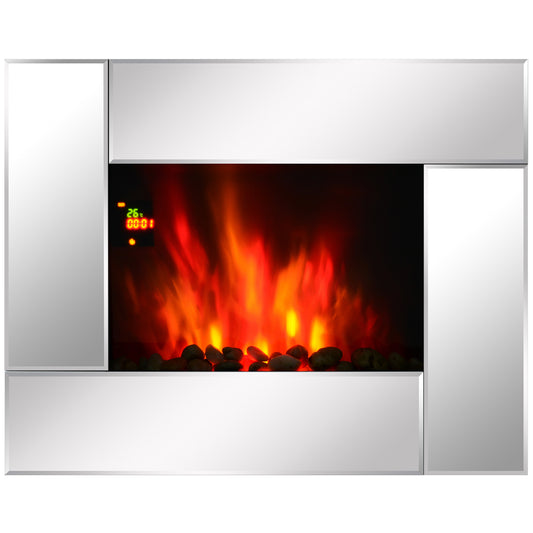 HOMCOM all Mount Electric Fireplace Heater, Flame Effect,Tempered Glass-Silver