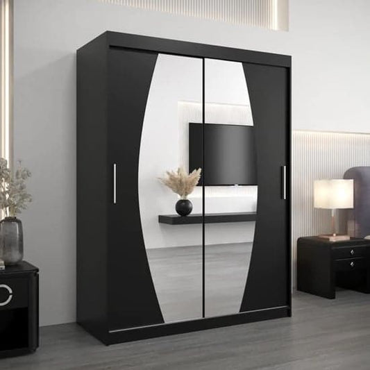 Black 150cm Sliding Door Mirrored Wardrobe with Shelves and Rails