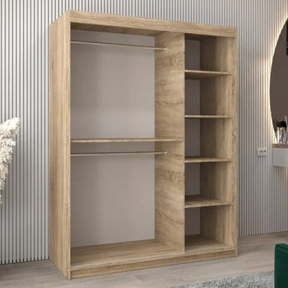 150cm Sonoma Oak Mirrored Sliding Wardrobe with Organized Interior and Modern Design