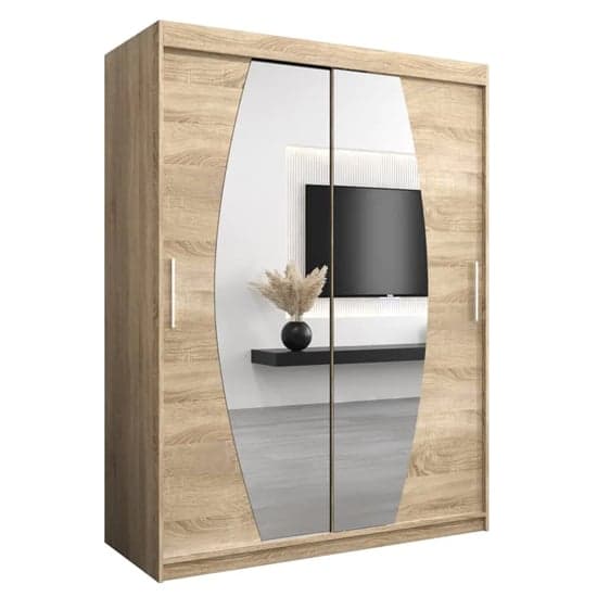 150cm Sonoma Oak Mirrored Sliding Wardrobe with Organized Interior and Modern Design