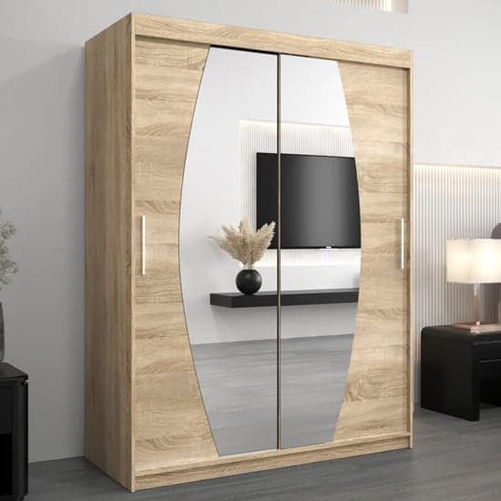 150cm Sonoma Oak Mirrored Sliding Wardrobe with Organized Interior and Modern Design