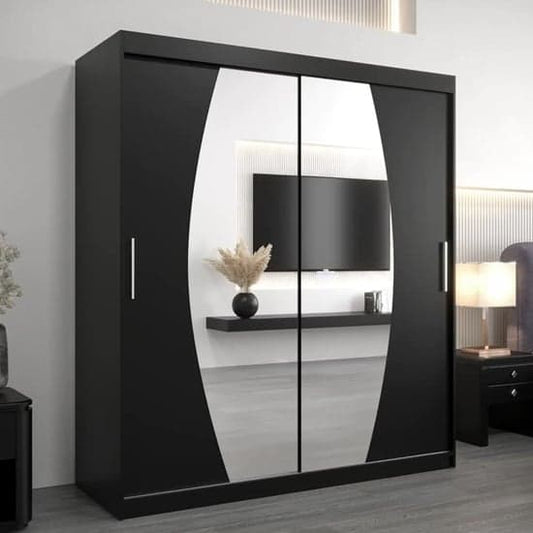 Black 180cm Eden Mirrored Sliding Door Wardrobe with Shelves and Hanging Rails