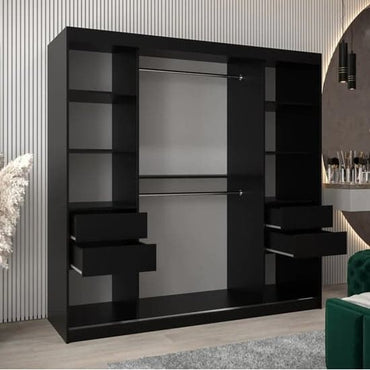 Black 200cm Sliding Door Mirrored Wardrobe with Shelves and Hanging Rails