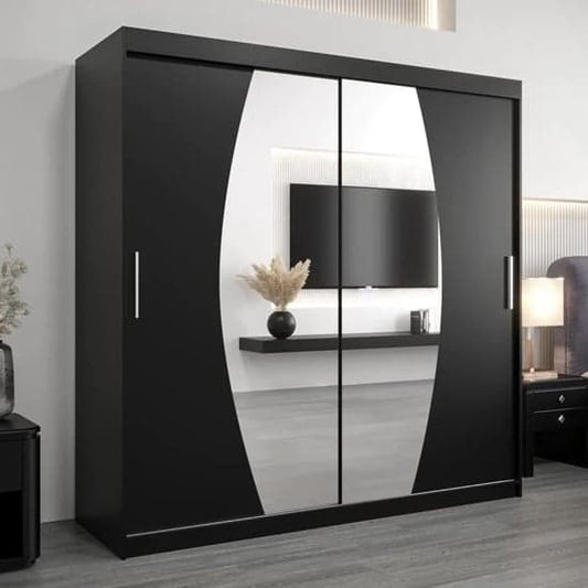 Black 200cm Sliding Door Mirrored Wardrobe with Shelves and Hanging Rails