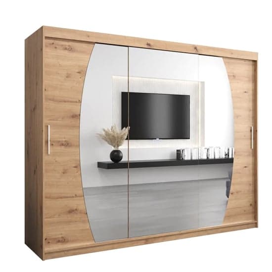 Eden Mirrored Wardrobe Sliding 3 Doors 250cm In Artisan Oak