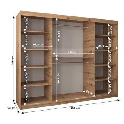 Eden Mirrored Wardrobe Sliding 3 Doors 250cm In Artisan Oak