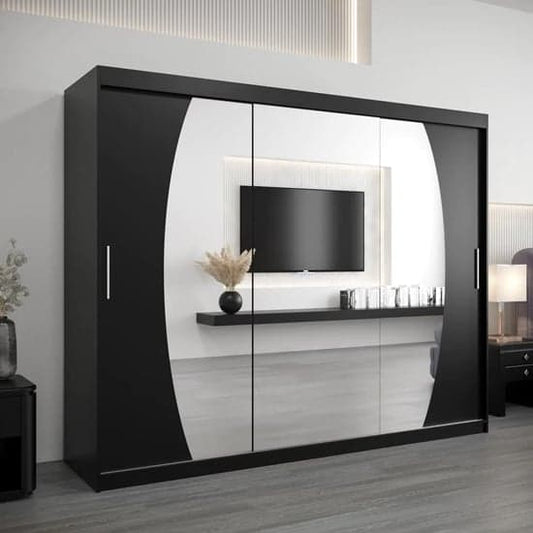 Black Sliding Mirrored Wardrobe with 3 Doors - 250cm Storage Solution