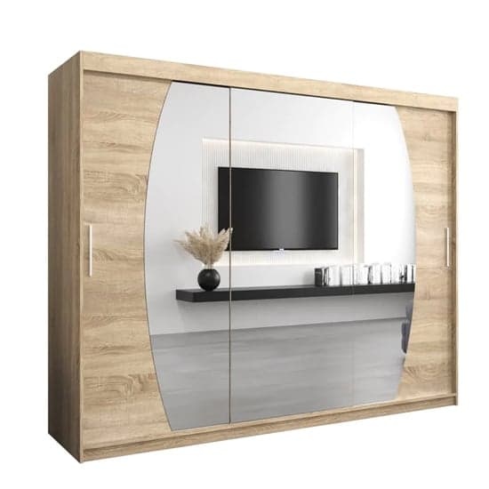 Eden Mirrored Wardrobe Sliding 3 Doors 250cm In Sonoma Oak