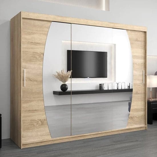 Eden Mirrored Wardrobe Sliding 3 Doors 250cm In Sonoma Oak