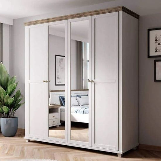 Abisko Ash 4-Door Mirrored Wardrobe | Hinged | Ash | Mirror & Shelves | 4 Doors | 200cm