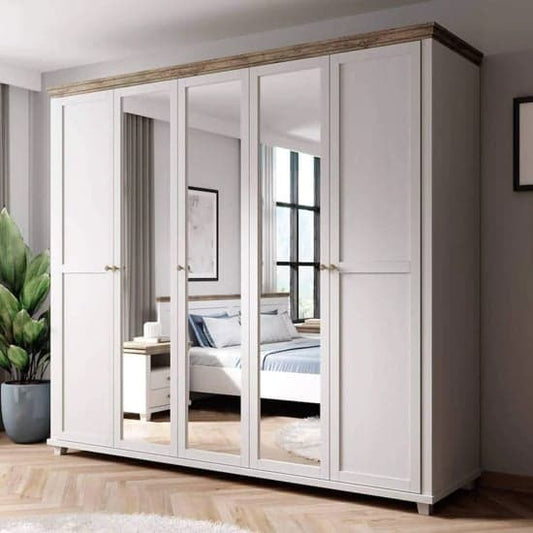 5-Door Mirrored Wardrobe in Abisko Ash Finish | Hinged | Abisko Ash | Mirror and Shelves | 5 Doors | 246cm