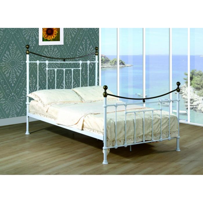 Builth White Metal Bed High Look Headboard in Antique Brass - Kingsize