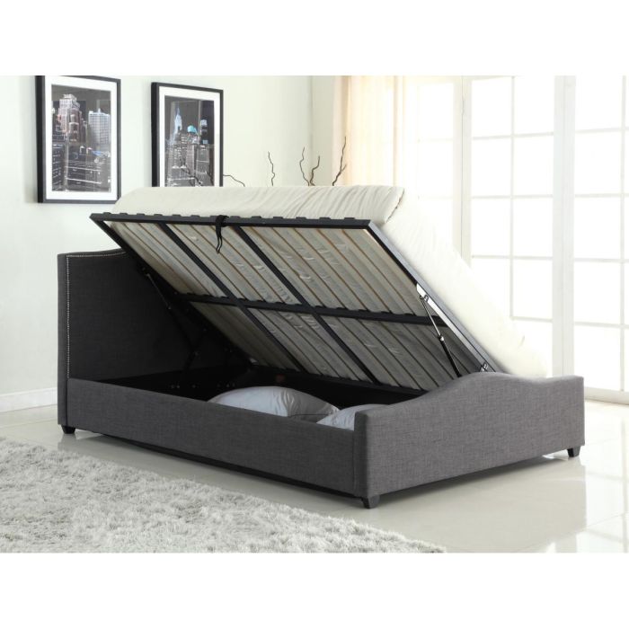 Alloway Grey Linen Ottoman Bed High-Look Slide Gass Lifted Storage - Double 4ft6