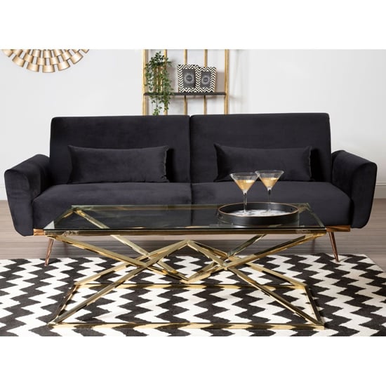 Eltanin Fabric Upholstered 3 Seater Velvet Sofabed With Gold Legs In Black