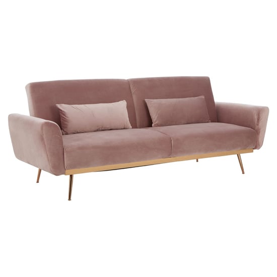 Eltanin Fabric Upholstered 3 Seater Velvet Sofabed With Gold Legs In Pink