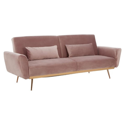 Eltanin Fabric Upholstered 3 Seater Velvet Sofabed With Gold Legs In Pink