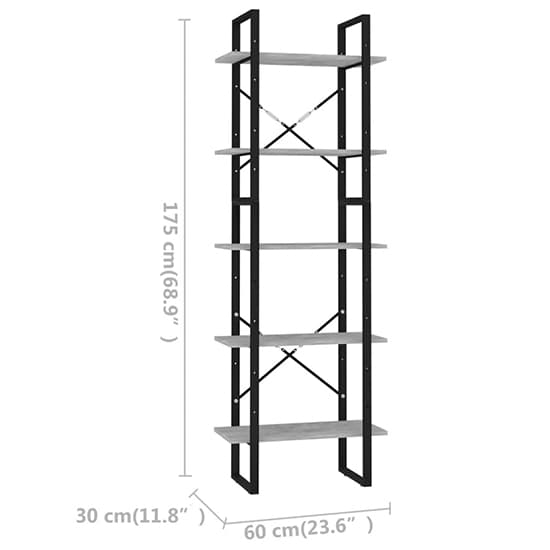 Emlen 60cm Industrial 5 Tier Wooden Bookcase with Concrete Finish