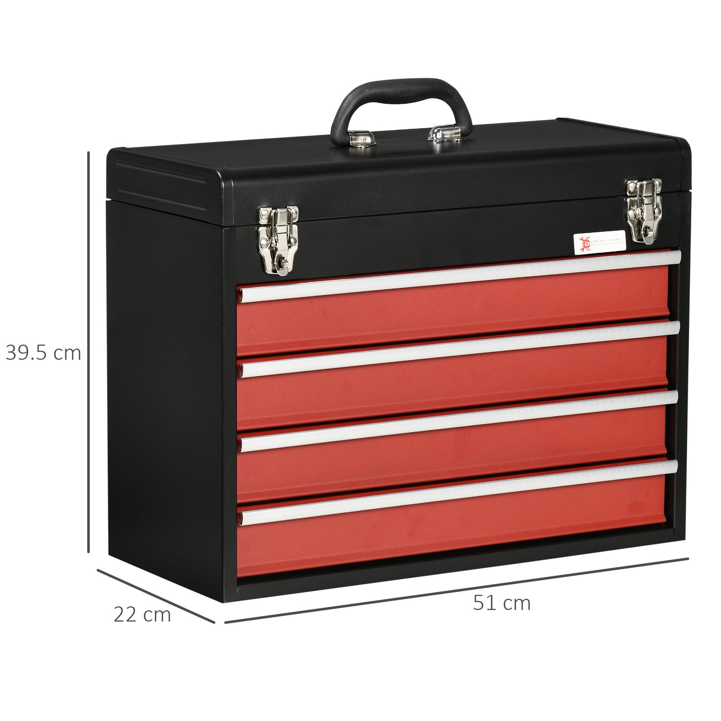 DURHAND 4 Drawer Tool Chest, Lockable Metal Tool Box with Ball Bearing Runners, Portable Toolbox, 510mm x 220mm x 395mm, Black