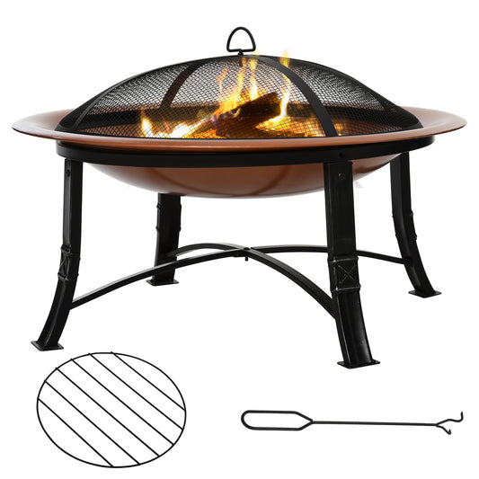 Outsunny 76cm Metal Large Firepit Bowl Outdoor Round Fire Pit w/ Lid, Log Grate, Poker for Backyard, Camping, Picnic, Bonfire, Wood Burning Stove, Bronze