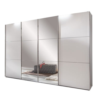 350cm White Mirrored Sliding Wardrobe with 4 Doors and Soft Closing Hinges