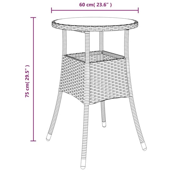 Brown Poly Rattan Round Bistro Table with Glass Top for Outdoor Dining