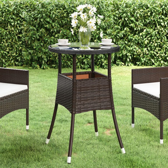 Brown Poly Rattan Round Bistro Table with Glass Top for Outdoor Dining