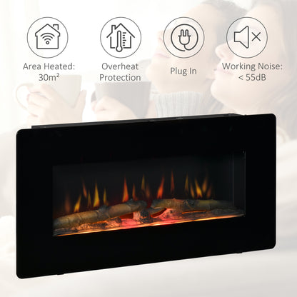 HOMCOM lectric Wall-Mounted Fireplace Heater with Adjustable Flame Effect, Remote Control, Timer, 1800/2000W, Black