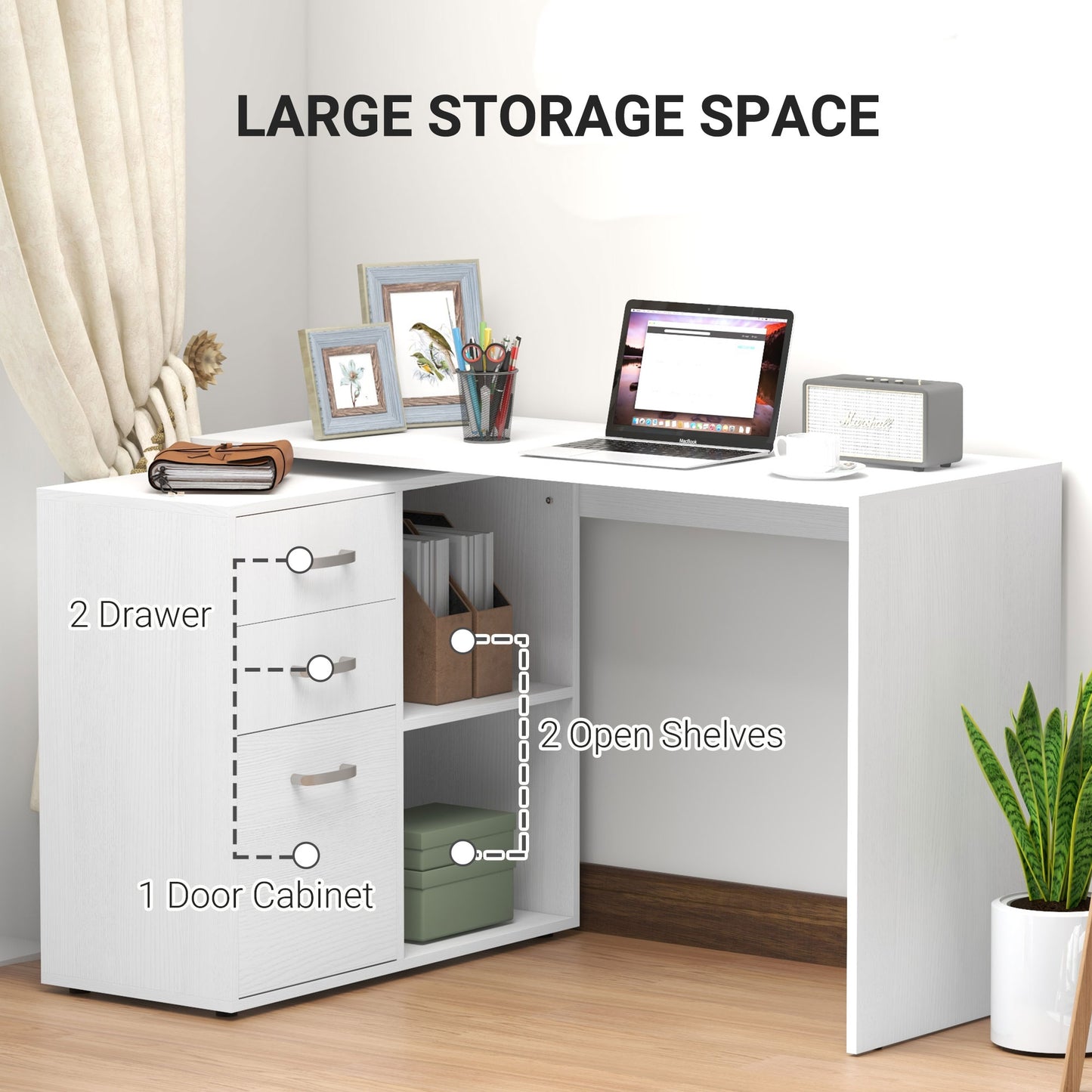 HOMCOM -Shaped Computer Desk, 2 Shaped Corner Desk with Drawers, File Cabinet and Storage Shelves, Home Office Desk, 117 x 83.5 x 76cm, White