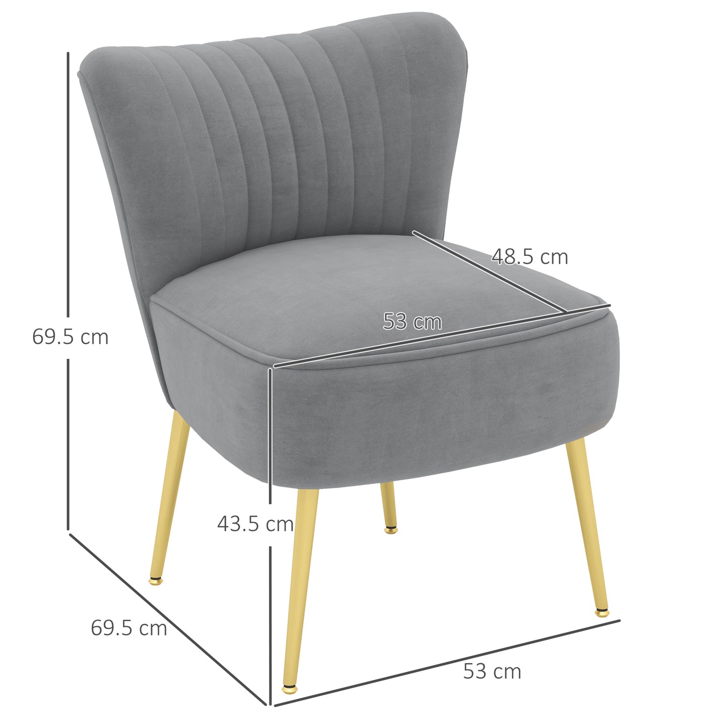 HOMCOM et of 2 Accent Chairs, Upholstered Living Room Chairs with Gold Tone Steel Legs, Wingback Armless Chairs, Grey