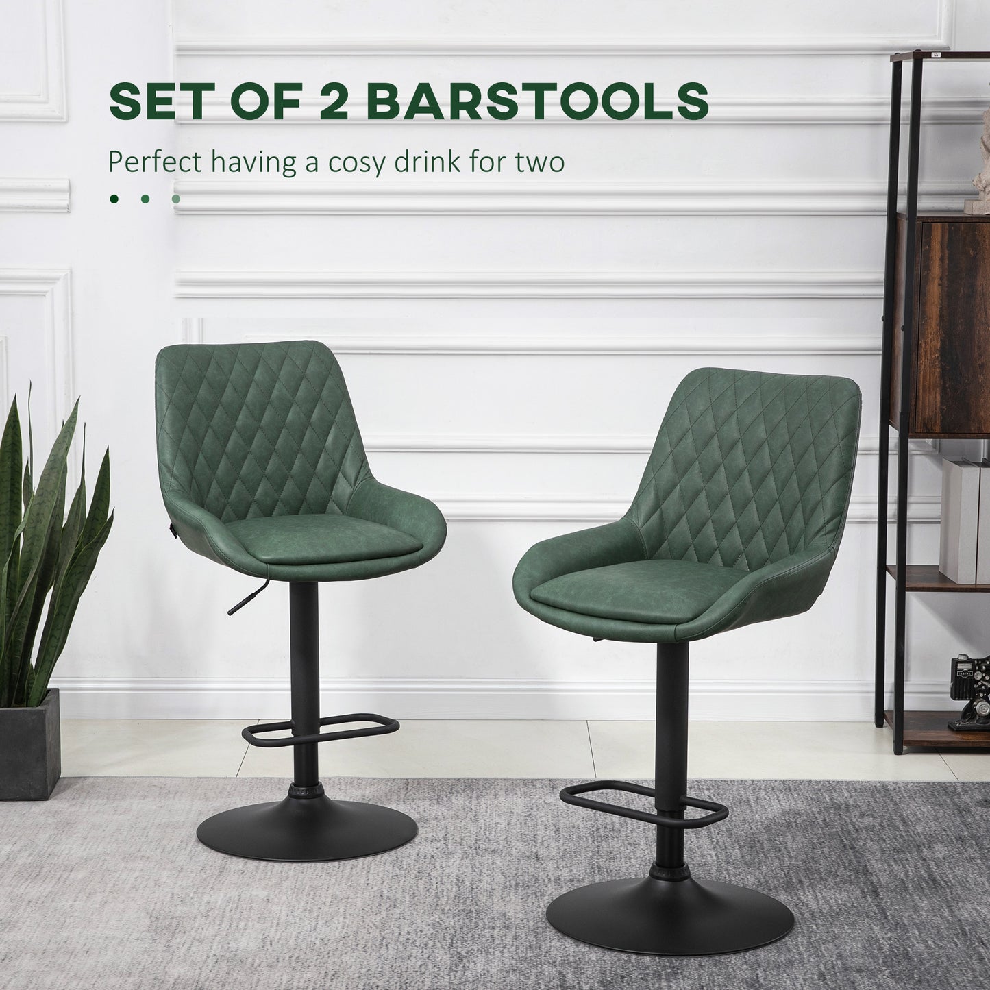 HOMCOM etro Bar Stools Set of 2, Adjustable Kitchen Stool, Upholstered Bar Chairs with Back, Swivel Seat, Green