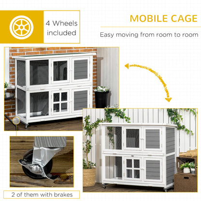 PawHut Wooden Rabbit Hutch, Two-Tier Guinea Pig Cage, with Removable Tray, Wheels