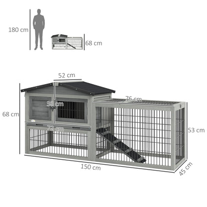 PawHut Wooden Rabbit Hutch with Outdoor Run Grey