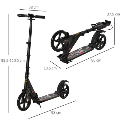 HOMCOM ick Scooter, Folding 2 Wheel Scooter for 14+ Teens Adults, with Dual Brake System, Dual Suspension, 230mm Big Wheels, 3 Adjustable Handlebar, up to 100KG, Black