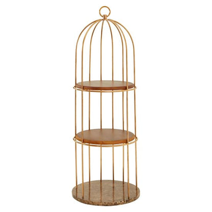 FURCO Fafnir Bird Cage-Inspired Bookshelf with Rose Gold Frame and Faux Marble Shelves