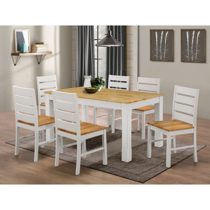 Sandhurst Creamy White Dining Set with 6 Natural Wooden Chairs - Timeless Elegance in Rubberwood