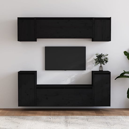 FURCO Falan Black Solid Pinewood TV Unit with Versatile Storage