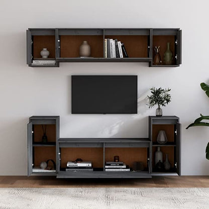 Grey Solid Pinewood TV Unit with Floating Cabinets