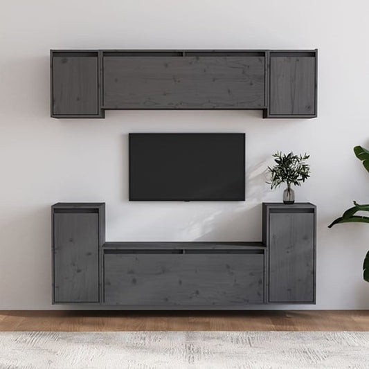 Grey Solid Pinewood TV Unit with Floating Cabinets