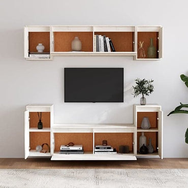 White Solid Pinewood TV Unit with Versatile Cabinets