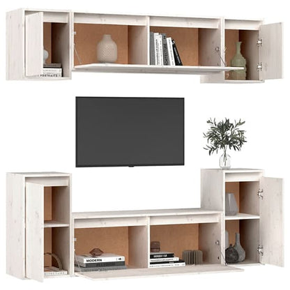 White Solid Pinewood TV Unit with Versatile Cabinets