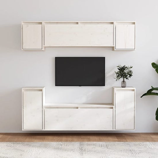 White Solid Pinewood TV Unit with Versatile Cabinets