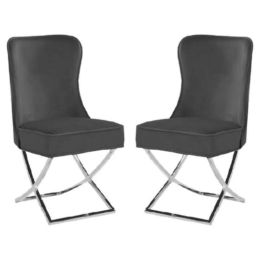 Fatin Black Velvet Dining Chairs With Chrome Legs In Pair