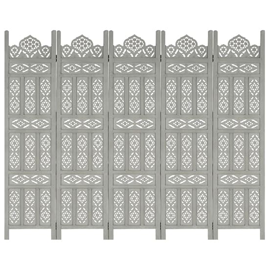 Mango Wood 5-Panel Room Divider in Grey - Hand-Carved Privacy Screen for Home Decor