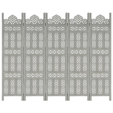 Mango Wood 5-Panel Room Divider in Grey - Hand-Carved Privacy Screen for Home Decor