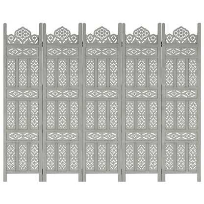 Mango Wood 5-Panel Room Divider in Grey - Hand-Carved Privacy Screen for Home Decor